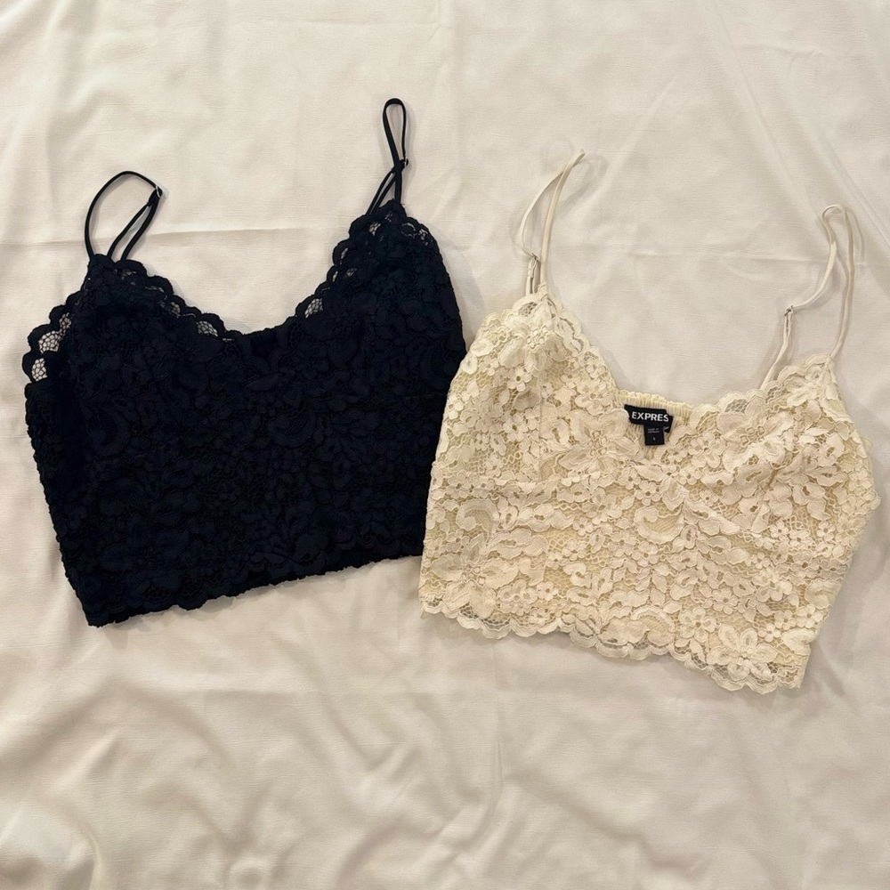 Express Allover Lace Cropped Cami, Set of Two, Black & Ivory, Size Small